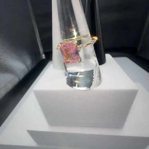 Gemstone Ring Pink Radiant Cut Gold Plated Brass Size 5 - Picture 6 of 8